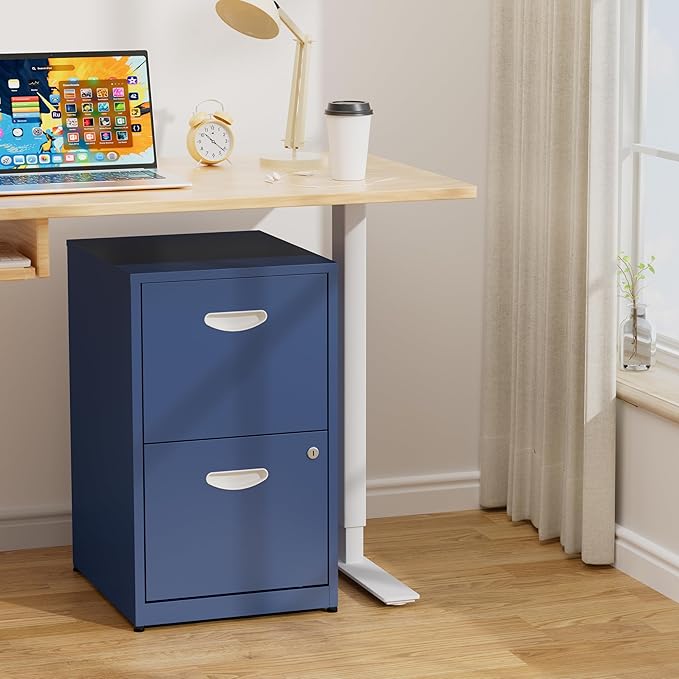 2 Drawer File Cabinet with Lock,Blue Small Filing Cabinet for Home Office,Metal Vertical File Under Desk Cabinets for A4/Letter,Assembly Required