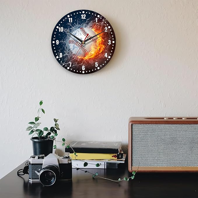 SPUNKER Wall Clocks,Baseball Wall Clocks,USA Sport Fire Water Battery Operated Wall Clock Silent Non-Ticking Decorative for Home Kitchen Bathroom Living Room Bedroom Office 10 Inch
