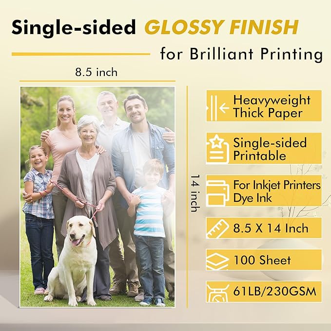 Koala Heavyweight Photo Paper High Glossy 8.5x14 Inches Legal Size for Inkjet Printing 100 Sheets 61LB