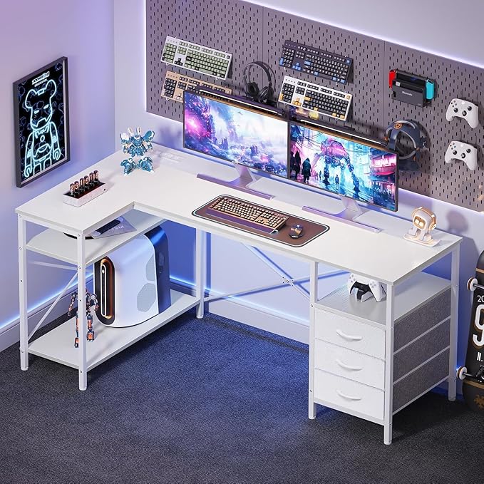 Simple Deluxe L Shaped Gaming Desk with Power Outlets, 55 Inch Computer Desk with 3 Drawers, Shelves, Corner Computer Desk for Gaming, Corner Work, Home Office, Study, White