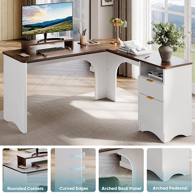 Bestier L Shaped Desk with File Drawer, 55.7" x 55" Office Computer Desk with Round Corners, Modern Desk with Monitor Stand & Fluted Panels for Home Office, White & Walnut