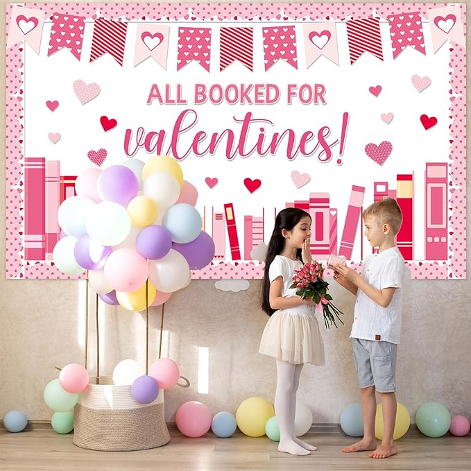 Valentine’s Day Reading Bulletin Board Set Valentine's Day Classroom Decoration All Booked for Valentines Bulletin Board Pink Red Heart Cutouts for Holiday Classroom Home School Chalkboard Wall Decor