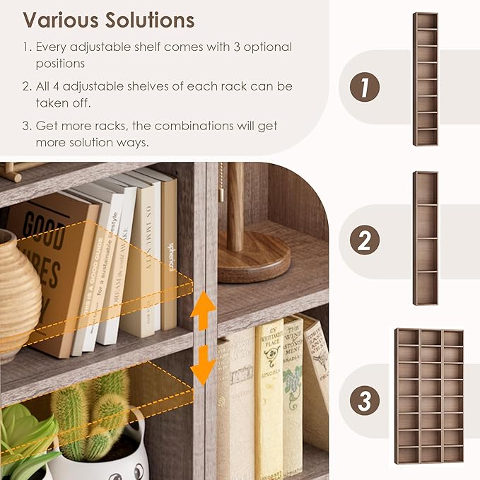 FOTOSOK 2 Pcs 71'' Tall Narrow Bookshelf, 8-Tier Media Tower Rack Set of 2, CD DVD Storage Cabinet with Adjustable Shelves, Tall Narrow Bookcase Skinny Display Bookshelf Slim Shelf, Oak
