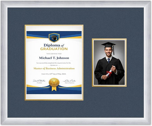 Diploma Frame With Photo Opening Stainless Silver Navy Blue Over Gold Mat - Fits 8.5 x 11 Degree and Picture Made in the USA