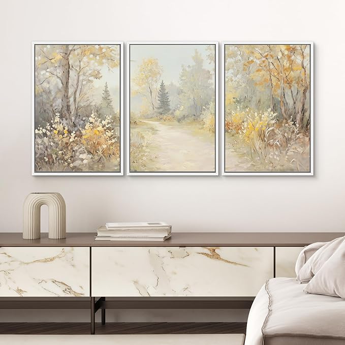 SIGNWIN Framed Canvas Print Wall Art Set Golden Woodland Path Impressionist Nature Scene Illustrations Modern Art Decorative for Living Room, Bedroom, Office - 24"x36"x3 White