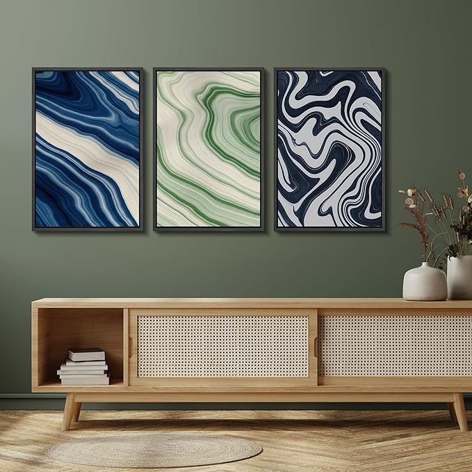 SIGNFORD Framed Wall Art Print Set Blue and Green Marble Swirl Abstract Bold Digital Art Modern Art Contemporary for Living Room, Bedroom, Office - 16"x24"x3 BLACK