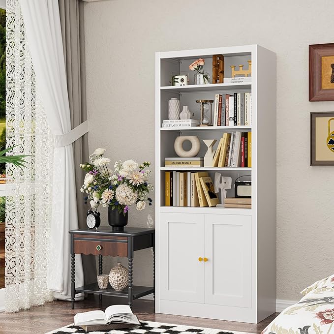 55" Metal Shelving Unit, Freestanding Storage Rack with Cabinet Doors,Heavy Duty Steel Shelving for Pantry, Kitchen, Closet, Garage,Home Office (White)