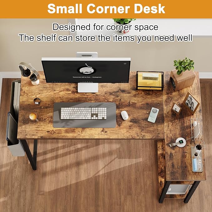 Grandder L Shaped Computer Desk with Reversible Shelves, 40 Inch Small Corner Desk with Storage Bag, Gaming Desk Computer Table Study Writing Desk for Home Office Small Space, Rustic Brown