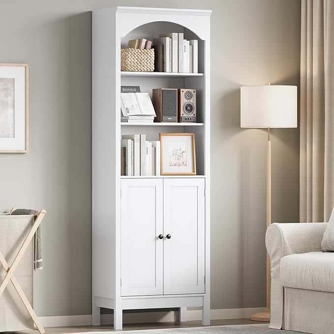 Bookshelf with Doors, 71" Tall Wood Book Shelf with Cabinet, 24" Wide Arched Bookcase with Adjustable Shelf, Floor Standing Display Storage Cabinet for Home Office, Study and Living Room, Modern White