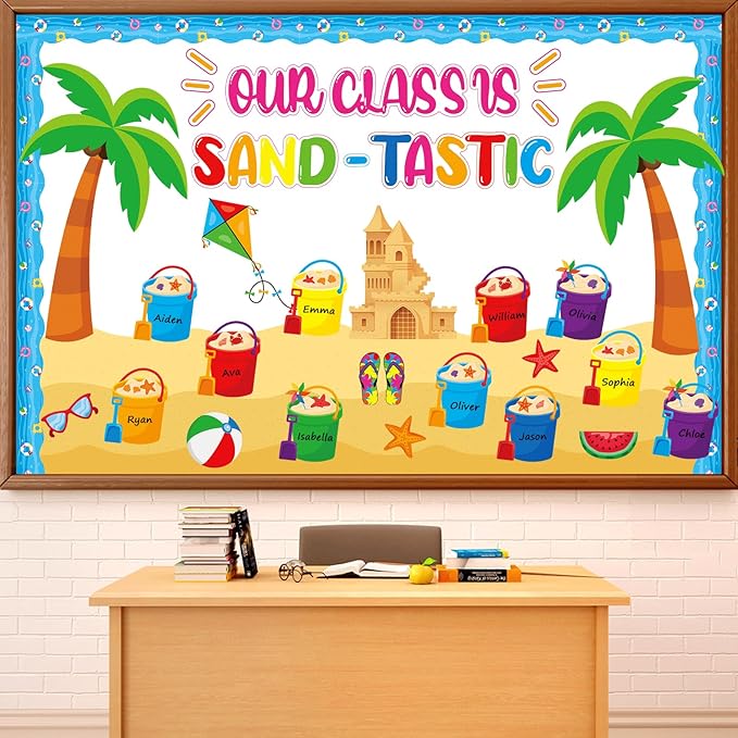 Summer Bulletin Board Decorations Set Our Class is Sand-Tastic Classroom Decor Bucket Hawaii Beach Theme Party Paper Cutouts for Back to School Office Teacher Chalkboard Wall Supplies Favor