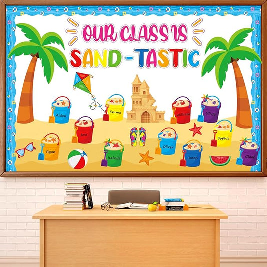 Summer Bulletin Board Decorations Set Our Class is Sand-Tastic Classroom Decor Bucket Hawaii Beach Theme Party Paper Cutouts for Back to School Office Teacher Chalkboard Wall Supplies Favor