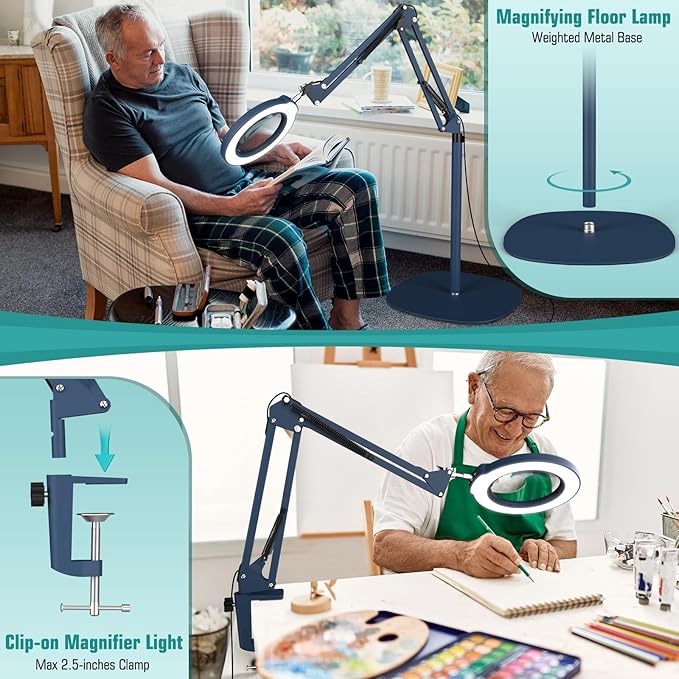 10X Magnifying Glass with Light and Stand, Real Glass Lens (Not Acrylic), 5 Color Modes, Stepless Dimmable, LED 3-in-1 Floor Lamp, Swing Arm with Clamp, Lighted Magnifier Hands Free for Crafts - Blue