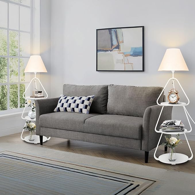 Floor Lamp with Small Round Side Table, 3-Tier Circular End Table with Storage Shelf, Round Corner Coffee Desk Nightstand for Living Room Bedroom Small Spaces, White