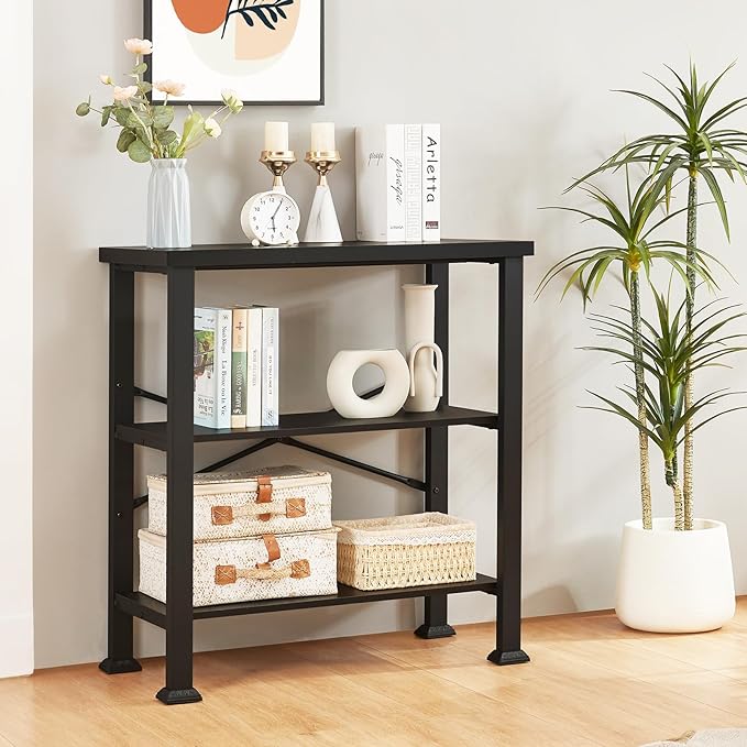 HOMBAZAAR 3 Tier Bookshelf,Black Industrial Book Shelf,Engineered Wood and Metal Small Bookcases,Low Shelf Bookcase for Living Room,Office,Bedroom and Kitchen