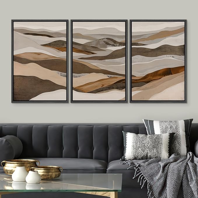 SIGNWIN Framed Canvas Print Wall Art Abstract Mountain Modern Minimalist Beige and Brown Layered Shape Nature Wilderness Modern Art Cool for Living Room, Bedroom, Office - 16"x24"x3 Black