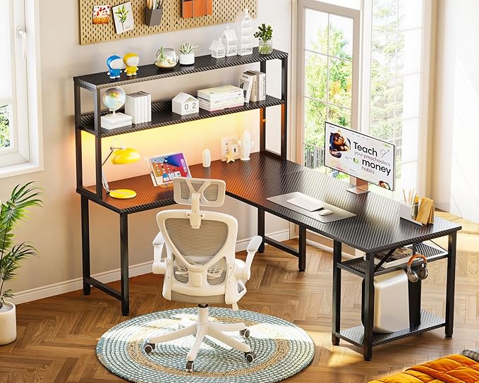 ODK 61" L Shaped Gaming Desk with Hutch & Headphone Hook, Corner Computer Table with Storage Shelves for Home Office, Black