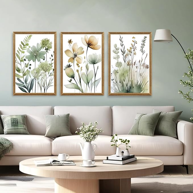 SYWENNOI 3 Pieces Wood Framed Green Botanical Canvas Wall Art, Boho Floral Watercolor Art Wall Decor, Minimalist Flower Pictures Poster Prints for Bedroom Bathroom Living Room Ready to Hang 20x30 In