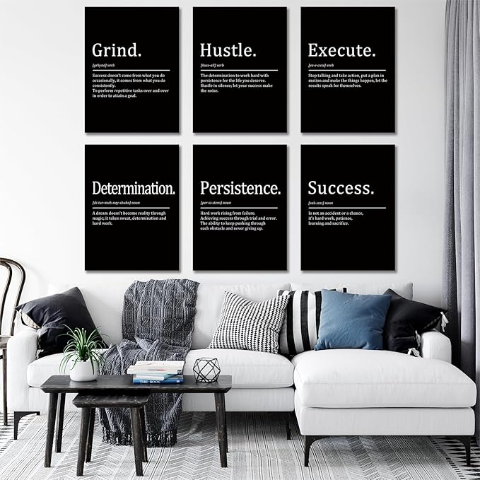 COSCTOR Set of 6 Grind Hustle Execute Determination Persistence Success Motivational Wall Art Picture Decor Canvas Framed for Office Workplace Gym Garage Inspirational Home Posters Ready to Hang(Framed,16x24)