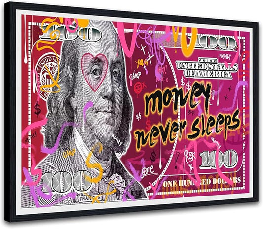 Money Wall Art Pink Dollar Money Never Sleeps Posters Inspirational Canvas Print Artwork Motivational Wall Decor Suitable for Office Living Room Decor Ready to Hang 12X16inch