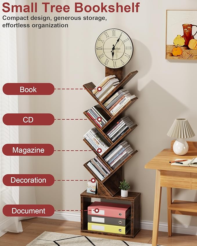 7 Tier Tree Bookshelf with Clock and Storage Cabinet, Small Narrow Floor Standing Bookcase for Bedroom, Living Room, Home Office, Rustic Brown