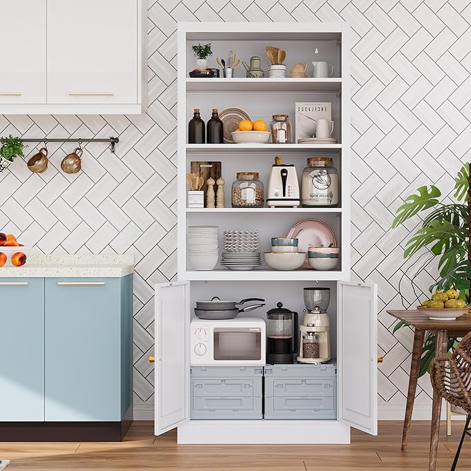 White Bookcase, Library Office Book Shelf with Adjustable Shelves, Tall Bookcase with Doors for Bedroom Living Room Kitchen. Metal Bookshelf Ideal for Home Organization & Stylish Upgrades