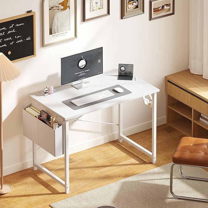 OLIXIS Computer Desk 40 Inch Home Office Desks for Small Spaces, Gaming Writing Study Work Table with Storage Bag and Headphone Hook for Bedroom, White