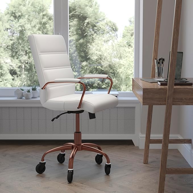 Flash Furniture Camilia Mid-Back White LeatherSoft Executive Swivel Office Chair with Rose Gold Frame, Arms, and Transparent Roller Wheels