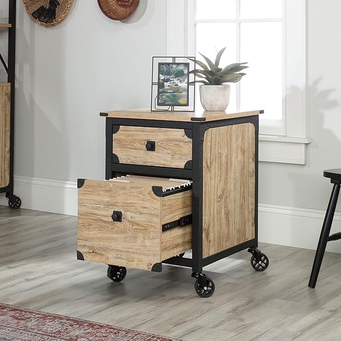 Industrial Mobile File Cabinet with Wheel, 2 Drawers Rolling Filing Cabinet Wood & Metal Printer Stand Office Storage Cabinet for Home Office A4, Letter-Size
