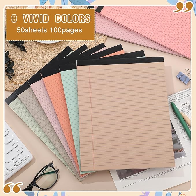Fuutreo 8 Pcs 8.5'' x 11'' Colored Legal Pad 50 Sheets Per Writing Pads Narrow Ruled Notepad Perforated Writing Notepad Office Supplies for College Office Business (Bohemian Color)