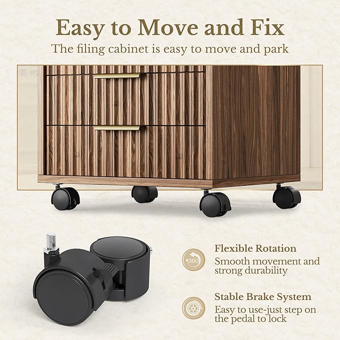 Home Office Furniture Set, Fluted Wooden File Cabinet with Locable Wheels, Filing Cabinet with 5 Drawers for Home Office, Black Walnut
