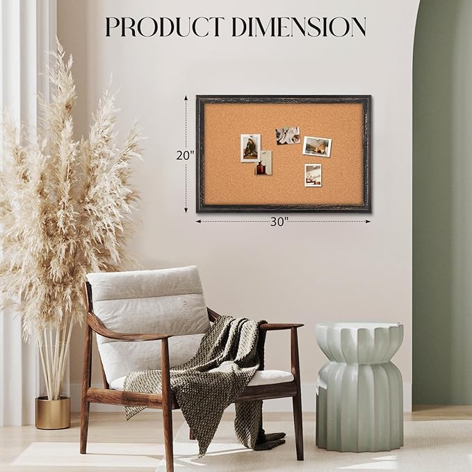 Cork Board Bulletin Board, 30" x 20" Corkboard for Wall, Rustic Black Wooden Frame, Decorative Hanging Pin Board for Home Office Room Decor, 10 Push Pins