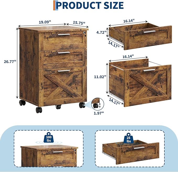 3-Drawer Rolling File Cabinet with Lock - Wooden Mobile Filing Cabinet for Home Office, Under Desk Storage Organizer fits Letter/A4/Legal Size, Sturdy Printer Stand with Locking Casters, Rustic Brown