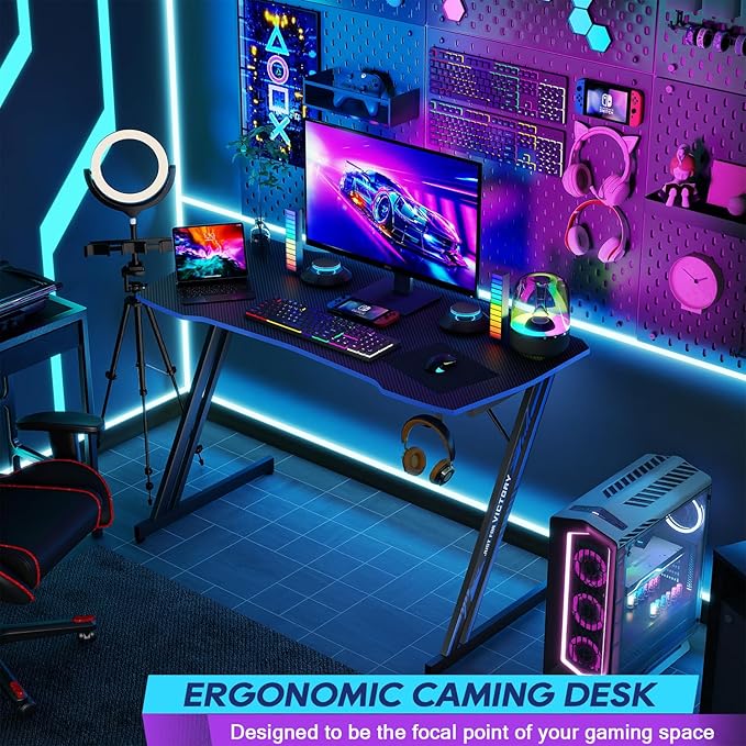 BestOffice 39" Gmaing Desk Computer Gaming Desk Z Shaped Gaming Workstation Ergonomic Gaming Table with Headphone Hook for Game Players,Black&Blue