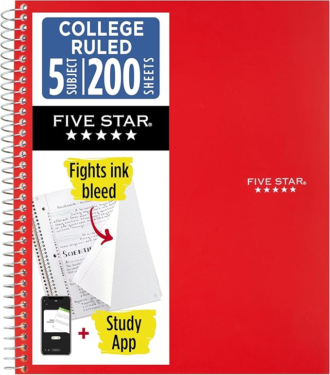 Five Star Spiral Notebook + Study App, 5 Subject, College Ruled Paper, 8-1/2" x 11", 200 Sheets, Fights Ink Bleed, Water Resistant Cover, Fire Red (72077)