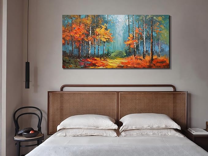 Arjun Nature Wall Art for Living Room, Landcape Canvas Forest Painting for Bedroom, Framed Textured Reddish Artwork Large Picture Dining Room Kitchen Home Office Wall Decor 48"x24"