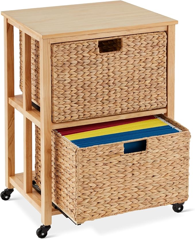 Best Choice Products Vertical Rolling File Cabinet, Multipurpose Portable Water Hyacinth Basket Organizer for Home Office, Workspace w/Rubberwood Frame, Metal Sliders, Locking Caster Wheels - Natural