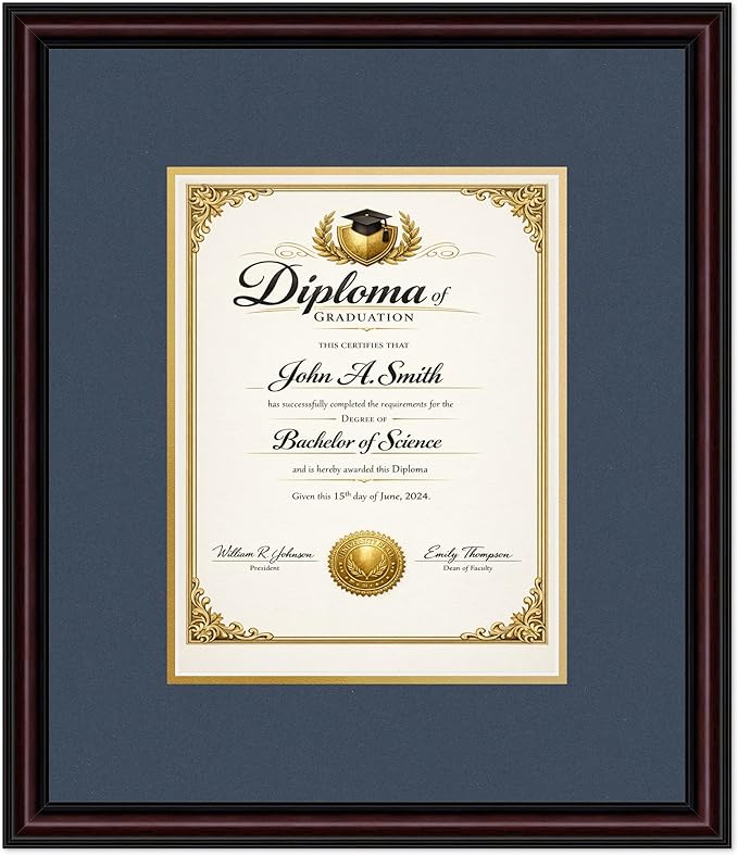 CountryArtHouse Diploma Frame Fits 8.5 x 11 Certificate (Portrait) - Keepsake Graduation Display Executive Brown Genuine Hardwood with Navy Blue Over Metallic Gold Double mat