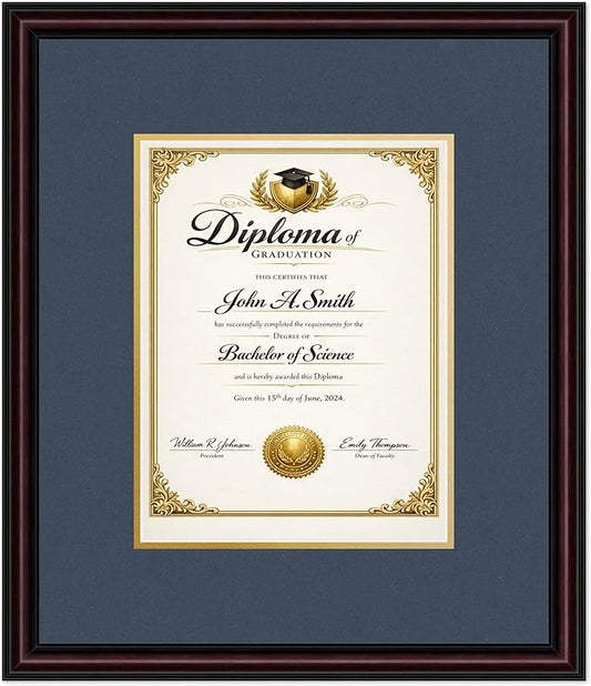CountryArtHouse Diploma Frame Fits 8.5 x 11 Certificate (Portrait) - Keepsake Graduation Display Executive Brown Genuine Hardwood with Navy Blue Over Metallic Gold Double mat