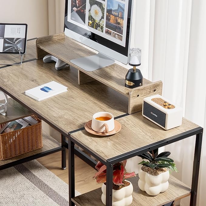 Gaming/Computer Desk - 47” Home Office Small Desk with Monitor Stand, Rustic Writing Desk for 2 Monitors, Adjustable Storage Space, Modern Design Corner Table.