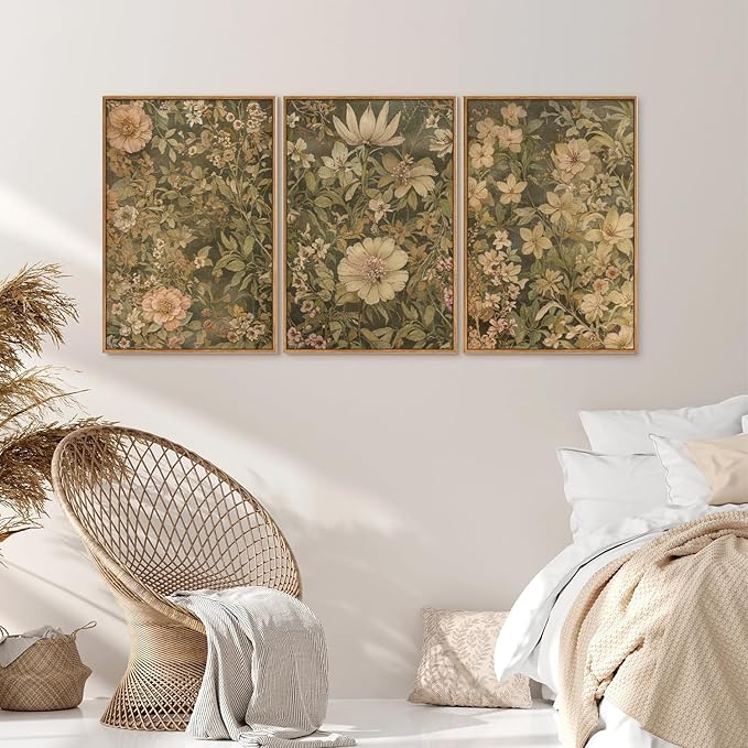 SIGNINART Vintage Floral Framed Canvas Wall Art Set of 3, Mid Century Modern Wildflower Wall Decor, Neutral Botanical Artwork, Retro Plant Art Prints for Bedroom, Living Room, Office 24"x36"