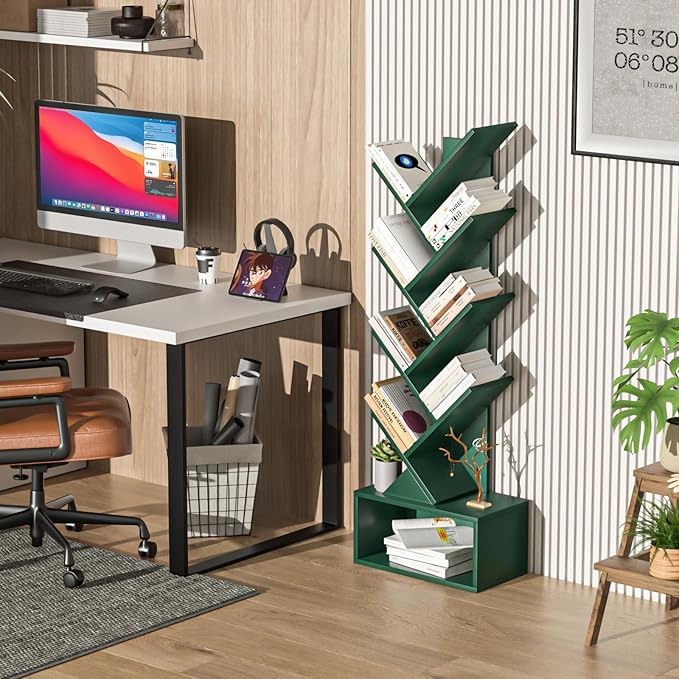 9 Tier Tree Bookshelf,Christmas Green Bookcase for Narrow Space, Storage Organizer Floor Standing Bookshelves for Books, Tall Book Case for Home Office, Living Room, Bedroom