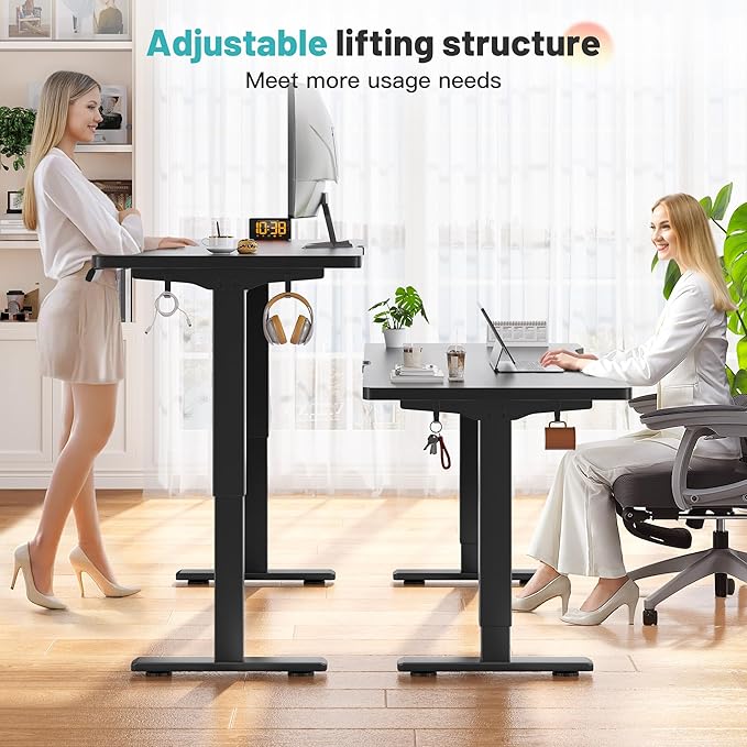 EnHomee Electric Standing Desk with LED Lights,48 x 24 Inch Height Office Desk with 3 Memory Preset, Adjustable Computer Desk with Storage Side Pocket and Cable Management,Black