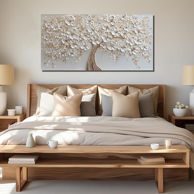 Large Tree Artwork for Walls Office White Flower Canvas Wall Art for Living Room Wall Decor for Bedroom Aesthetic Size 29 x 58 Inch