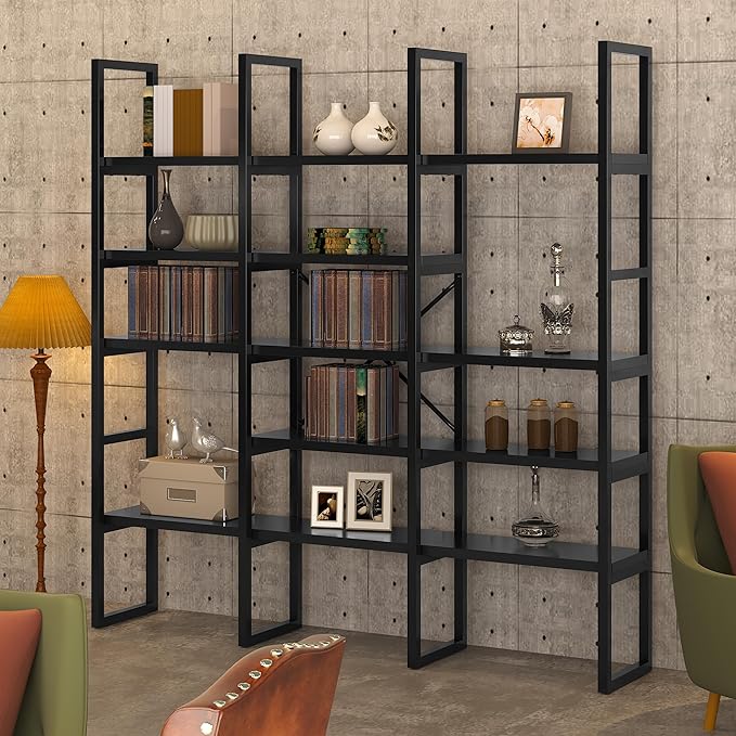 Jehiatek Large Bookshelf 5 Tiers, Triple Wide Geometric Bookcase, 71 Inches Tall Industrial Book Shelves Etagere Book Case, Sturdy Metal Frame, Freestanding Display Shelving Unit, Black