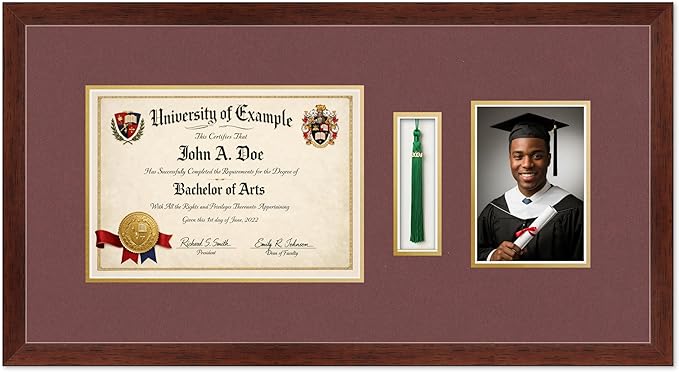 CountryArtHouse Diploma Tassel and Photo Shadowbox Fits 11.69 x 8.27 A4 Certificate with Tassel Ho Rustic Walnut Genuine Hardwood with Dark Red Over Metallic Gold Double mat