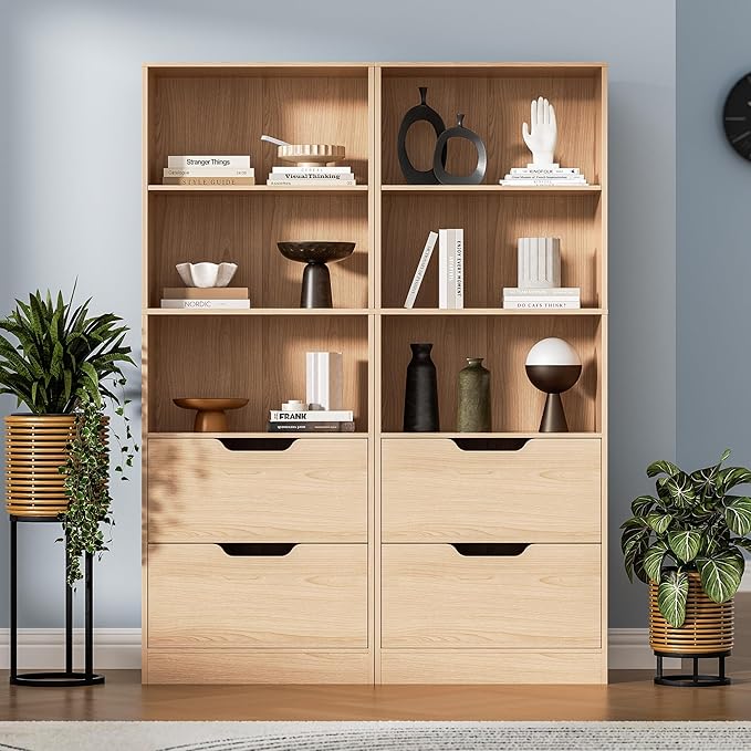 Bookcase with 2 Drawers, 63" 3-Tier Bookshelf with Storage, 3 Shelf Bookshelf with Adjustable Shelf, Modern Bookshelf, Open Shelves Bookcase for Study, Bedroom & Home Office, Oak