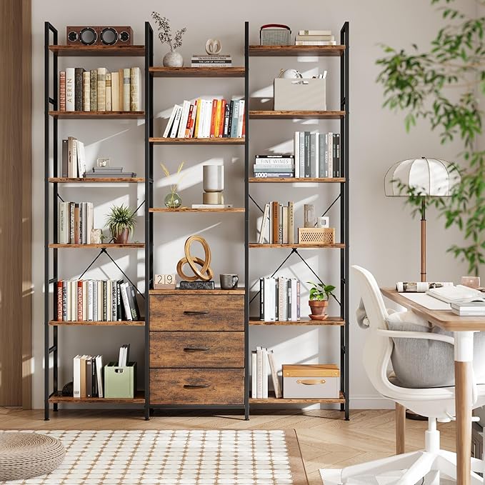 Triple Bookshelf with 3 Fabric Drawers, 6-Tier Book Shelf and 10 Display Shelves, Industrial Large Bookcase for Home & Office, Rustic Brown, 47'' Wide