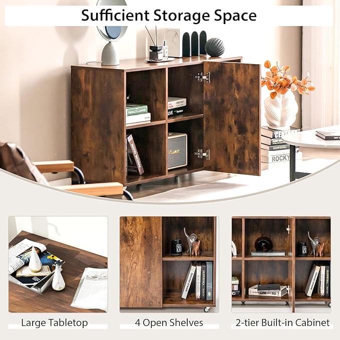 Lateral File Cabinet, Wood Storage Cabinet with Doors and Shelves, Kitchen Buffet Sideboard with 6 Universal Wheels, Modern Printer Stand, Mobile Filing Cabinets for Home Office (Rustic Brown)