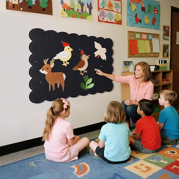 Scalloped Bulletin Board, 36 x 24 Inches Felt Pin Board - Decorative Cork Alternative for Wall, 3' x 2' Foldable Picture Self-Adhesive Vision Prayer Board with 20 Pushpins - Black