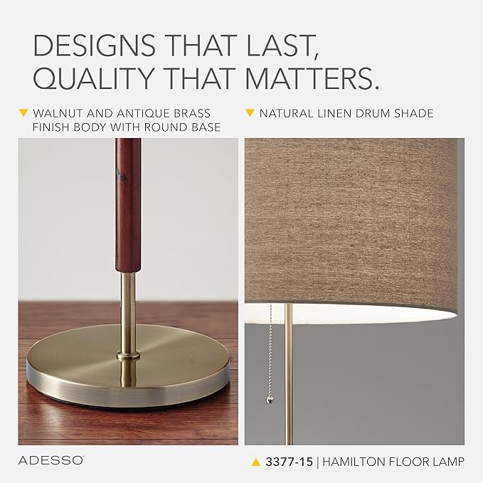 Adesso Floor Lamp with Natural Oak Veneer and Off-White Fabric Lampshade – 3-Way Adjustable Brightness, Lamp for Bedroom, Living Room, and House Décor, 60.25” x 21”